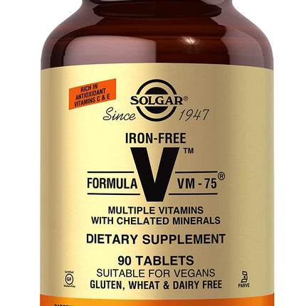 Solgar Iron-Free Formula VM-75, 90 Tablets - Multivitamin with Chelated Minerals - Vitamin A, B6, B12, C, D, E - Biotin, Magnesium, Calcium, Zinc - Vegan, Gluten & Dairy Free, Kosher - 90 Servings