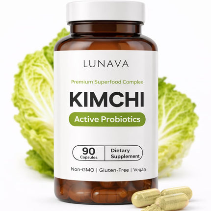 LUNAVA Kimchi Capsules with Prebiotics & Probiotics, Fermented Kimchi Superfood Supplement, Gut Health Supplements, One Complete Formula for Digestive and Immune Support, 90 Vegan Capsules