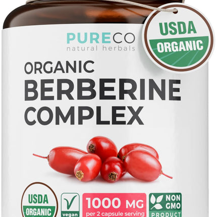 PURE CO Certified Organic Berberine Supplement Capsules - High Strength Berberine Complex with Organic Barberry Extract Providing 1000mg per Serving - NSF Lab Verified Vegan & Non-GMO (30 Servings)