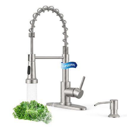 LUFEIDRA Kitchen Faucet with Pull Down Sprayer and Soap Dispenser, High Arc Spring 304 Stainless Steel Single Handle 1 or 3 Hole 2 Mode for Farmhouse RV Camper Laundry Bar Pot Filler (Brushed Nickel)