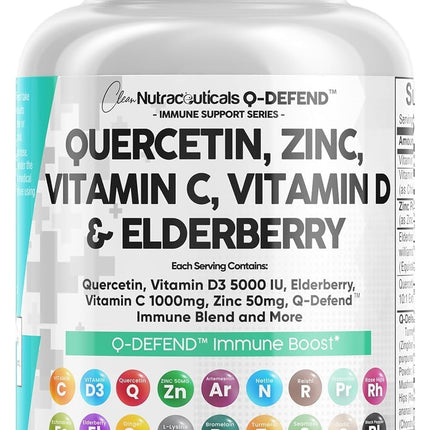 Q Defend Quercetin Supplement with Zinc Vitamin C Vitamin D Elderberry Turmeric Black Pepper Garlic Ginger Sea Moss Lysine Stinging Nettle Reishi Mushroom Immune Support 60 Capsules by Clean Nutra