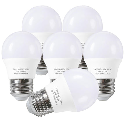 Refrigerator Light Bulb A15, 5W LED, 40W Equivalent, E26 120V, 5000K 6-Pack