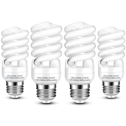 Barfelty E26 CFL Light Bulbs 13Watt, T2 Spiral Soft White 2700K 900lm E26 Medium Base Compact Fluorescent Light Bulbs, UL Approved, 120v 60Hz, Self Ballasted CFL Bulbs (60Watt Equivalent), Pack of 4