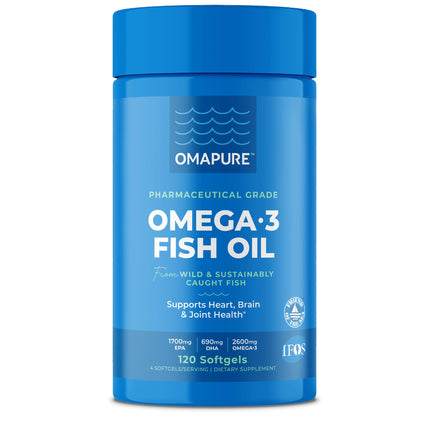OMAPURE Fish Oil Omega 3 Supplements - Triple Strength - High EPA, DHA - IFOS Lab Tested - Supports Heart & Brain Health - Burpless Capsules - Wild Caught - (1 Bottle - 120 Softgels Per Bottle)