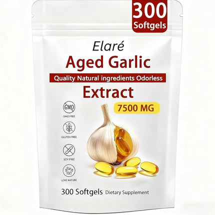 Elare Aged Garlic Extract, Organic Garlic Capsules Supplement, Potent Heart & Immune Support Supplement, Non-GMO, Odorless Formula, 300 Softgels