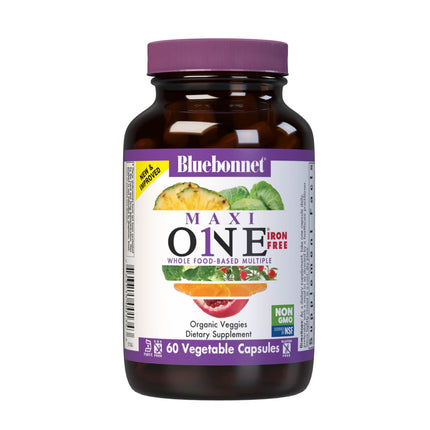 Bluebonnet Nutrition Maxi One (Iron-Free), Whole Food Multiple, Enzymes, Energy, Vitality, Gluten-Free, Kosher, Dairy-Free, Vegetarian Friendly, Soy-Free, Non-GMO, 60 Vegetable Capsule, 2 Month Supply