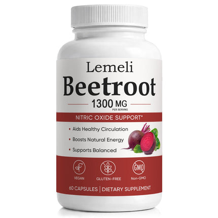 Kunnozz Lemeli Beetroot Capsules, 1300 mg Beet Root Powder Blend Per Serving, Supports Healthy Blood Flow & Energy, Vegan Non-GMO Gluten Free, 60 Capsules