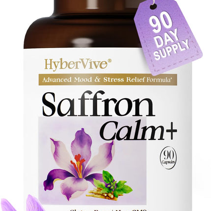 HyberVive Saffron Supplements with Ashwagandha & L-Theanine - 368.5MG - Mood Balance, Stress Relief & Mental Clarity – Cortisol Support for Women & Men, Made in USA, 90 Vegan Capsules