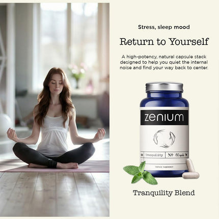 Zenium Stress Relief Supplement Supports Mood & Mental Focus - Feel Calm & Relaxed - Eases Tension & Nervousness - Ashwagandha, Magnesium & L-Theanine - Sarpagandha Inspired - 60 Capsules