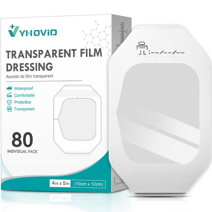 Transparent Film Dressing 4" x 4.75" Box of 80 - Waterproof Bandages for Swimming, Showering, Wounds, Post Surgical Shower or IV Shield, Tattoo Aftercare Bandage, Scar Therapy, Adhesive Patches