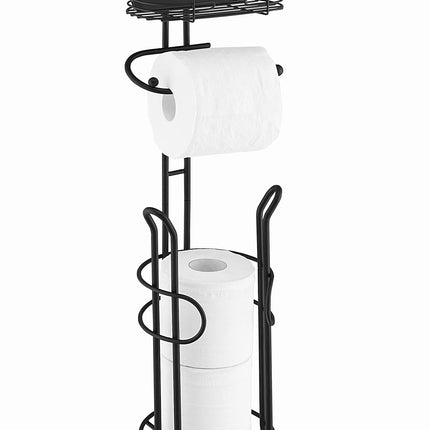 SunnyPoint Bathroom Heavyweight Toilet Tissue Paper Roll Storage Holder Stand with Reserve and Shelve, The Reserve Area Has Enough Space to Store Mega Rolls. (Black)