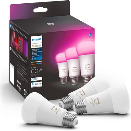 Philips Hue A19 LED Smart Light Bulb 3-Pack - White and Color Ambiance - 60W Indoor Light Bulb - Control with Hue App - Works with Alexa, Google Assistant and Apple Homekit