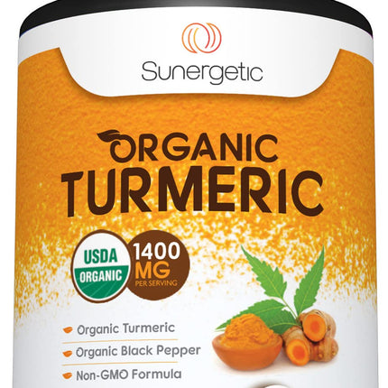 Sunergetic USDA Certified Organic Turmeric Supplement – Includes Organic Turmeric & Organic Black Pepper – 1,400mg of Turmeric per Serving - 180 Count (Pack of 1)