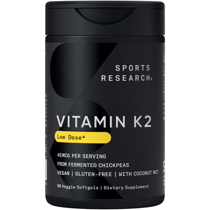 Sports Research Low Dosage Vitamin K2 as MK-7 45mcg with Coconut MCT Oil - Vegan Certified, Non-GMO Verified & Gluten-Free - 90 Softgels