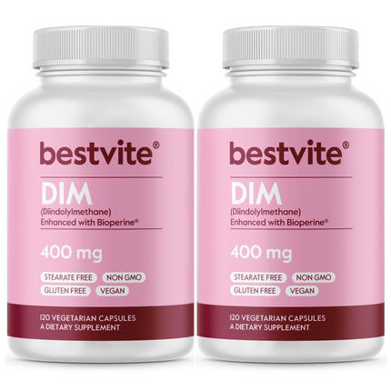 BESTVITE DIM (Diindolylmethane) 400mg with Bioperine (240 Vegetarian Capsules) (120 x 2) - No Stearates - No Gelatin - Vegan - Non GMO - Gluten Free