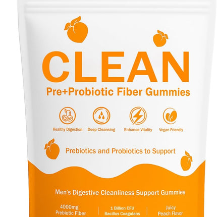 VCFBBG Clean Prebiotic Fiber Gummies for Men, Peach Flavor, Sugar-Free Pre+Probiotic Fiber Gummies, Gut Health & Digestive Support, Men's Prebiotics and Probiotics Gummy, 60 Count