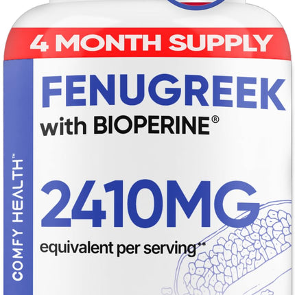 COMFY HEALTH Fenugreek Capsules, 2410mg Per Capsule, 120 Count, Fenugreek Pills with Bioperine for Superior Absorption, Non-GMO, Gluten Free Fenugreek Seeds Extract Supplements, Fenogreco Capsulas