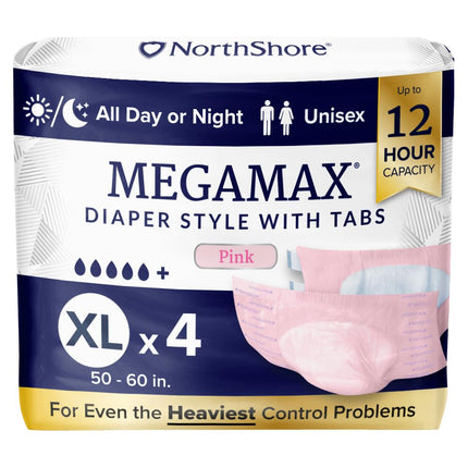 NorthShore MegaMax 12-Hour HBL Adult Diapers for Heavy Bladder Leaks, X-Large, 4 Count, Pink, 50-60 inches, Tab-Style Incontinence Underwear for Men, Women & Teens