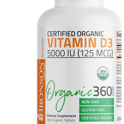 Bronson Vitamin D3 5,000 IU (125 mcg) Certified Organic High Potency Non-GMO Vitamin D Supplement, 360 Tablets