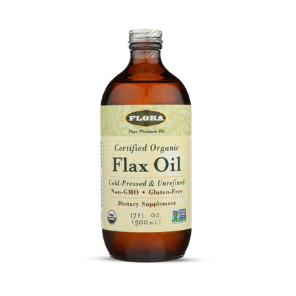 Flora Certified Organic Flax Seed Oil - Cold Pressed & Unrefined - Non-GMO, Gluten-Free, Kosher Omega Flax Oil Blend - Essential Fatty Acids for Wellness - Amber Glass Bottle - 17 oz