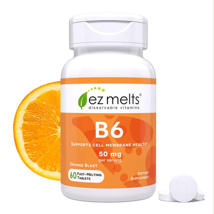 EZ Melts Vitamin B6 - Brain & Heart Health Supplement - Energy Metabolism Support - No Artificial Flavors - Non-GMO & Vegan - Orange Blast - 60 Dissolvable Tablets (30 Servings)