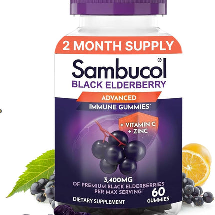 Sambucol Elderberry Gummies - Immune Support Supplement for Adults with Vitamin C & Zinc, Sambucus Elderberry with High Antioxidants, Gluten Free, Vegan - 60 Count