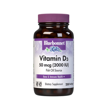 Bluebonnet Nutrition Vitamin D3 2000 IU50 mcg High Potency Immune Support, High Absorption Cold-Water Fish Liver Oil & Plant-Based Non-GMO Safflower Oil, Support Strong Bone, Gluten-Free, 250 Softgels