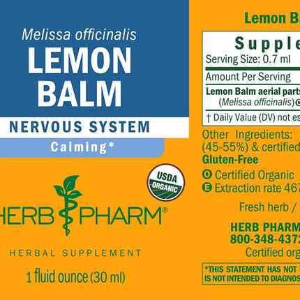 Herb Pharm Certified Organic Lemon Balm Liquid Extract for Calming Nervous System Support, Organic Cane Alcohol, 1 Ounce (Pack of 5)