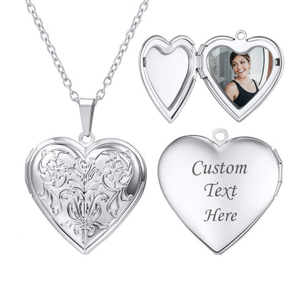 U7 Memorial Photo Locket Necklace, Women Silver Heart Pendant with Engrave