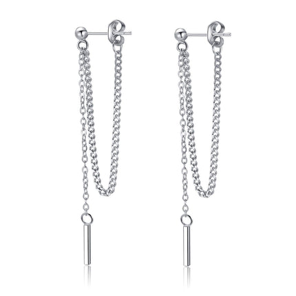 SLUYNZ Solid 925 Sterling Silver Bar Dangle Earrings for Women Minimalist Dangle Earrings Threader Chain (A-Silver)