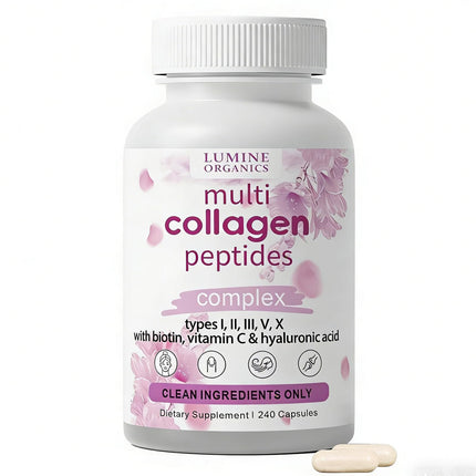 Lumine Organics 1PCSLumine Organics Collagen, Collagen Peptides,Type I,II,III,V,X with Biotin,Hyaluronic Acid Powder,Vitamin C,Non-GMO,240 Capsule (1PCS)