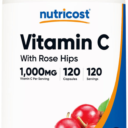 Nutricost Vitamin C with Rose HIPS 1025mg, 240 Capsules (3 Bottles) - Premium Non-GMO, Gluten Free Vitamin C Supplement