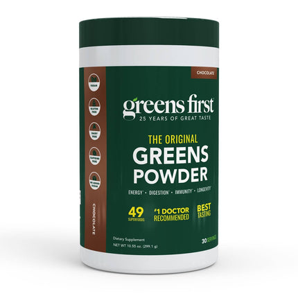 Greens First Original Greens Powder - 49 Superfoods - Organic Fruits & Veggies - Prebiotics, Probiotics & Digestive Enzymes - Antioxidant Smoothie - Dairy Free, Vegan, Non-GMO (Chocolate, 30 Servings)
