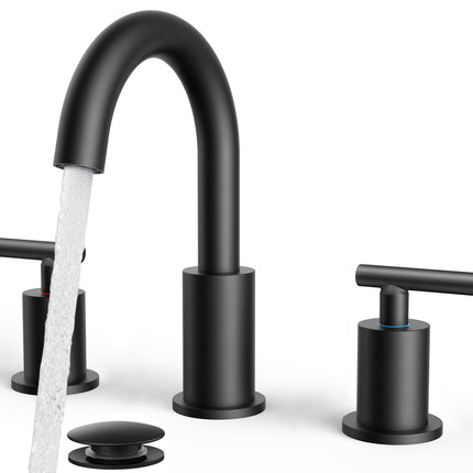 FORIOUS Black Bathroom Faucet 3 Hole, 8 Inch Matte Black Bathroom Sink Faucet Widespread with 360° Swivel Spout, Suitable for 6-12 Inch Vanity Sink, with Pop-up Drain and cUPC Supply Line