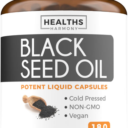 Black Seed Oil - 180 Softgel Capsules (Non-GMO & Vegan) Premium Cold-Pressed Nigella Sativa Producing Pure Black Cumin Seed Oil with Vitamin E - 500mg Each, 1000mg Per 2 Capsule Serving