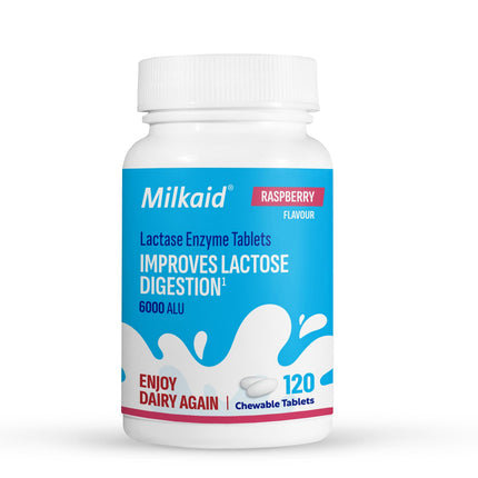 Milkaid Lactase Enzyme Chewable Tablets for Lactose Intolerance Relief | Prevents Gas, Bloating & Diarrhea | Fast Acting Dairy Digestive Supplement (120 Tablets, Raspberry)