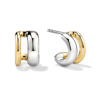 NOKMIT Two Tone Huggie Hoop Earrings for Women, Dainty 14K Gold and Silver Mixed Metal C Shaped Hoops, Small Multi Statement Geometric Earrings, Plain High Polish Non Tarnish Jewelry Gifts