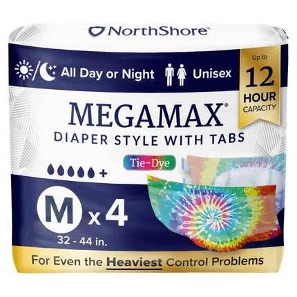 NorthShore MegaMax 12-Hour HBL Adult Diapers for Heavy Bladder Leaks, Medium, 4 Count, Tie-Dye, 32-44 inches, Tab-Style Incontinence Underwear for Men, Women & Teens