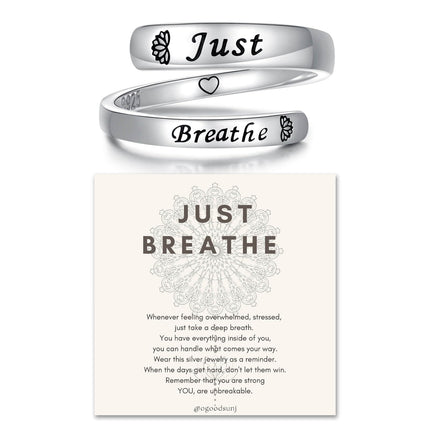oGoodsunj Sterling Silver Just Breathe Ring for Women: Inspirational Encouragement Rings Adjustable I Am Fearless Motivational Jewelry Gift (Just Breathe)
