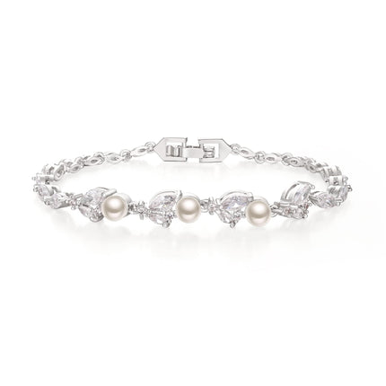 Crysdue Simulated Pearl CZ Wedding Leaf Tennis Bracelet for Women Clear