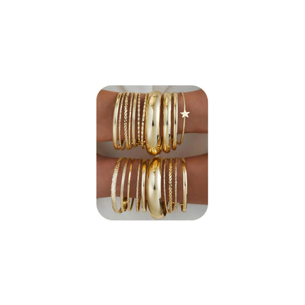 ÌF ME Gold Bangle Bracelets for Women, 19Pcs Multi Stackable Textured Bangles Set, Statement 14K Gold Plated Chunky Star Bracelet Stack Boho Jewelry Gifts