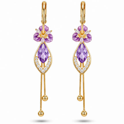 14K gold plated Purple Flower Dangle Chandelier Drop Earrings for Women Hypoallergenic Cubic Zirconia Elegant Statement Jewelry Gifts