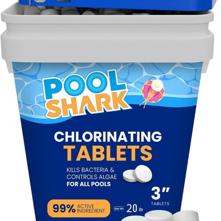 Pool Shark Swimming Pool Chlorine Tablets | 3-Inch Chlorine Tablets | 20 lbs | Slow-Dissolving 90% Active Chlorine Tabs | Pool Chemicals for Inground Pools, Above Ground Pools, Saltwater, Spa, Hot Tub