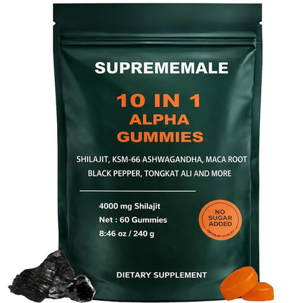 TOGOLIUN SupremeMale 10 in 1 Alpha Gummies for Men, Alpha Shilajit Gummies with Ashwagandha, Tongkat Ali & Black Musli, Supports Daily Energy, 60 Count(1 PC)