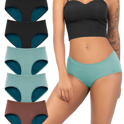 TIICHOO Period Underwear for Women Heavy Flow 50 ml Absorbency Leakproof Panties for Menstrual Incontinence 5 Pack (2 Black/2 Turquoise/1 Brown, X-Large)