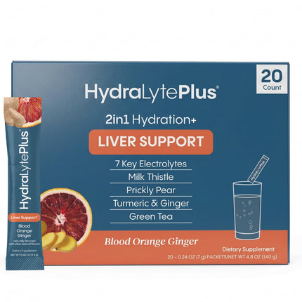 Hydralyte Liver Support + Electrolyte Mix with Milk Thistle, Turmeric, Ginger, Prickly Pear, Green Tea Extract Formulated for Rapid Rehydration (Blood Orange Ginger, 20 Packets)