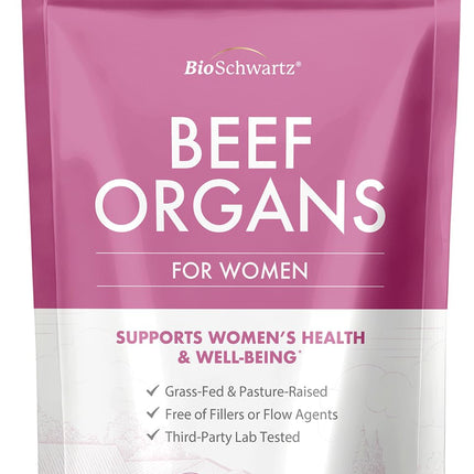 BioSchwartz Primal Beef Organ Supplement for Women - 60 Capsules - Grass-Fed & Pasture-Raised - Supports Healthy Hair Skin and Nails, Hormone Balance - with Bovine Liver, Kidney, Heart, Uterus Powder