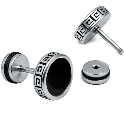 【Hypoallergenic Earrings for Men】-18G Flat Mens Surgical Steel Black Stud Earring 10mm (0.4")-【For Sensitive Skin & New Piercings】 Textured Brick Design Pair 0.28oz Men's jewelry-Para Hombre (Black)
