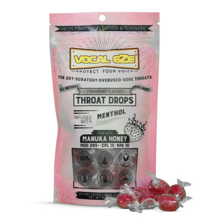 Vocal Eze Manuka Honey Strawberry Menthol Cough Drops (20) | Lozenges to Relieve Sore, Hoarse, Fatigue, Dryness of Throat | Voice Support, All Natural and Organic Ingredients UMF 10+ (MGO 265+)
