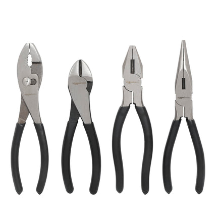 Amazon Basics Pliers Set, Hand Tools for Precision, Cutting Wire Cutter with Needle Nose and Diagonal, Quality Tool Set for Home Maintenance, Set of 4, Black and Silver